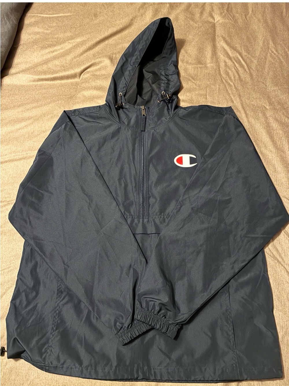 Champion Black Hooded Windbreaker with Logo Patch